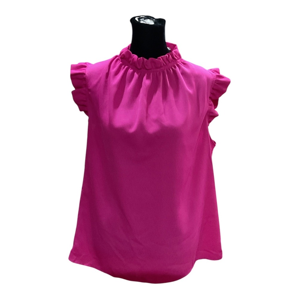 2 Hearts Hot Pink Ruffle Neck Flutter Sleeve Keyhole Blouse Made in USA Womens